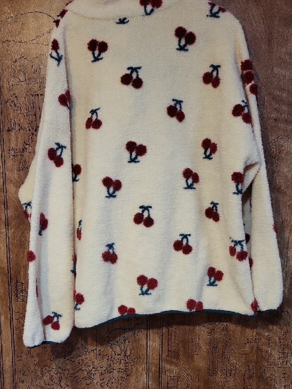Cozy Cherry Print Sherpa Pullover Hoodie - Cream - Picture 4 of 4